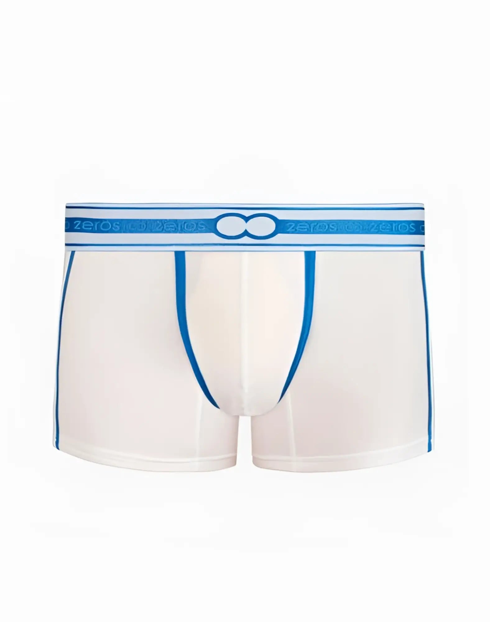 White 2EROS Heracles trunk underwear with blue trim and matching elastic waistband featuring zeros logo