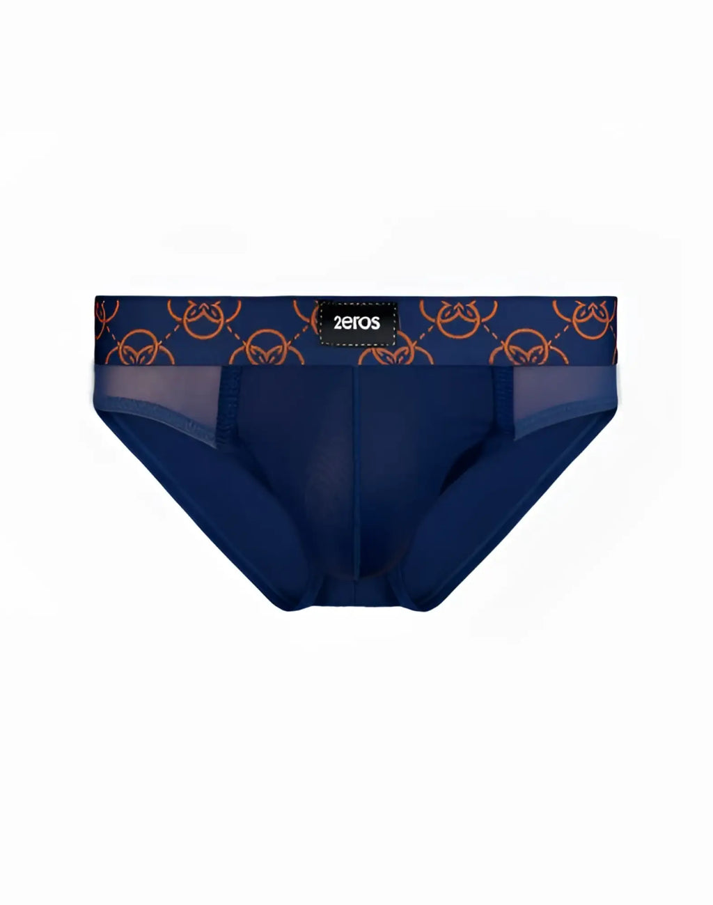Navy blue 2eros himeros men’s briefs with patterned orange interlocking rings waistband and zeros brand label