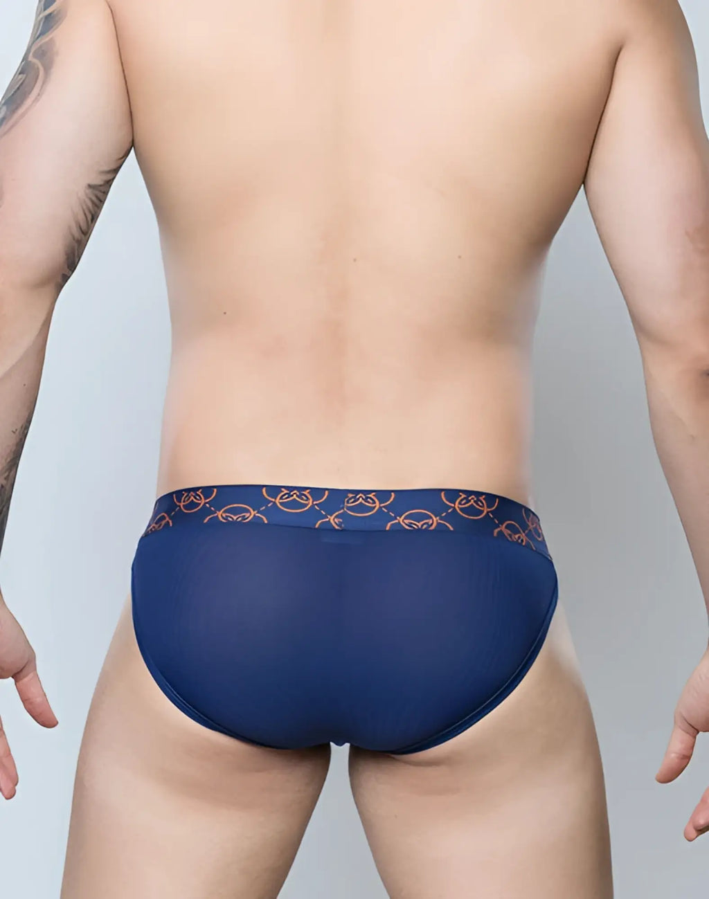 2EROS Himeros underwear brief in navy blue mesh with an orange patterned waistband for comfortable daily wear