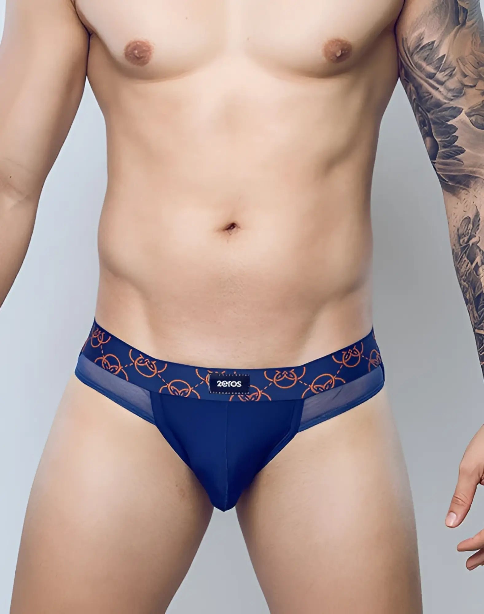 2EROS Himeros underwear brief navy blue with mesh trim orange circular pattern and zeros branding on waistband