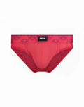 Bright pink 2EROS Himeros athletic briefs with black circular logo waistband and small 2elos brand tag
