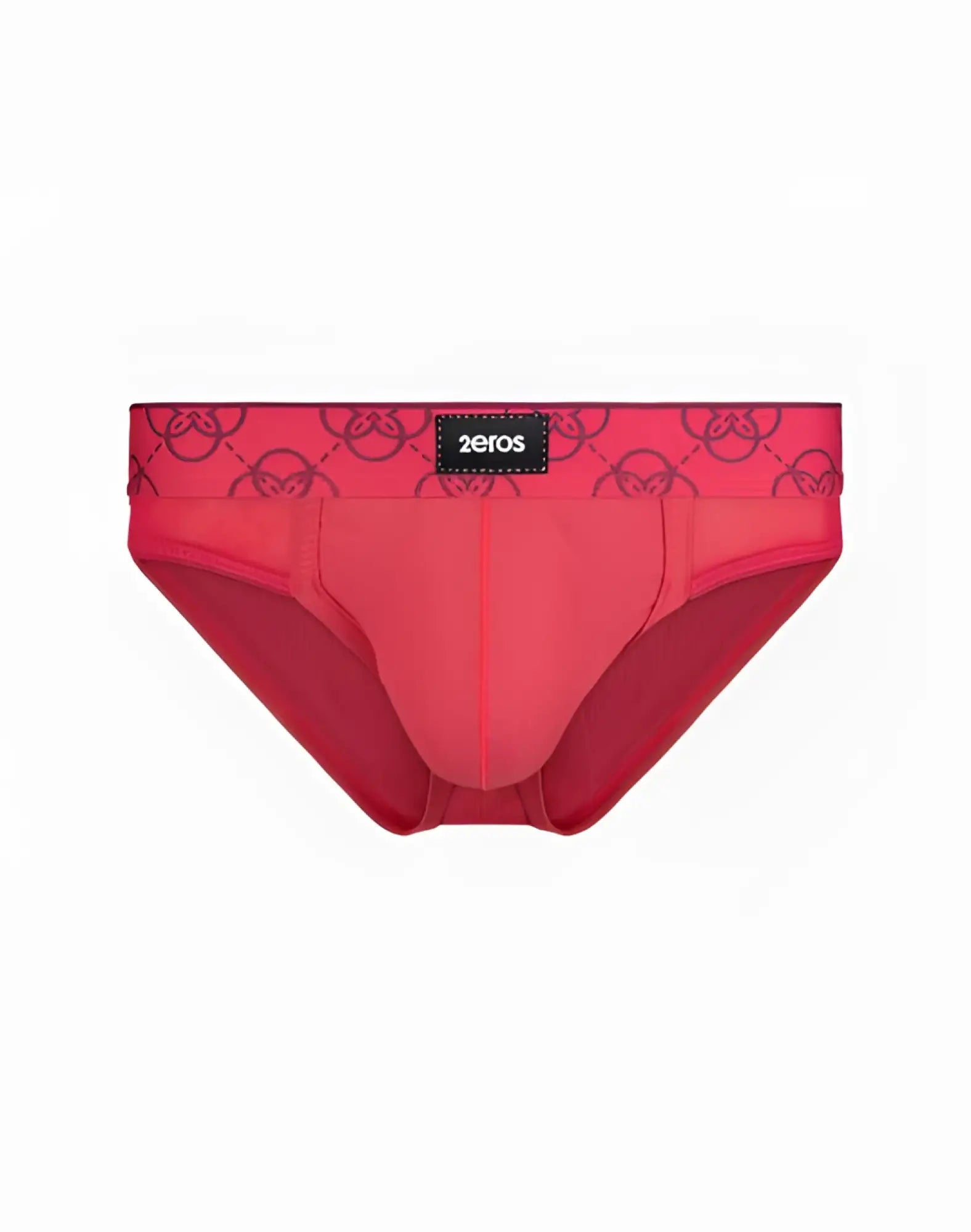 Bright pink 2EROS Himeros athletic briefs with black circular logo waistband and small 2elos brand tag