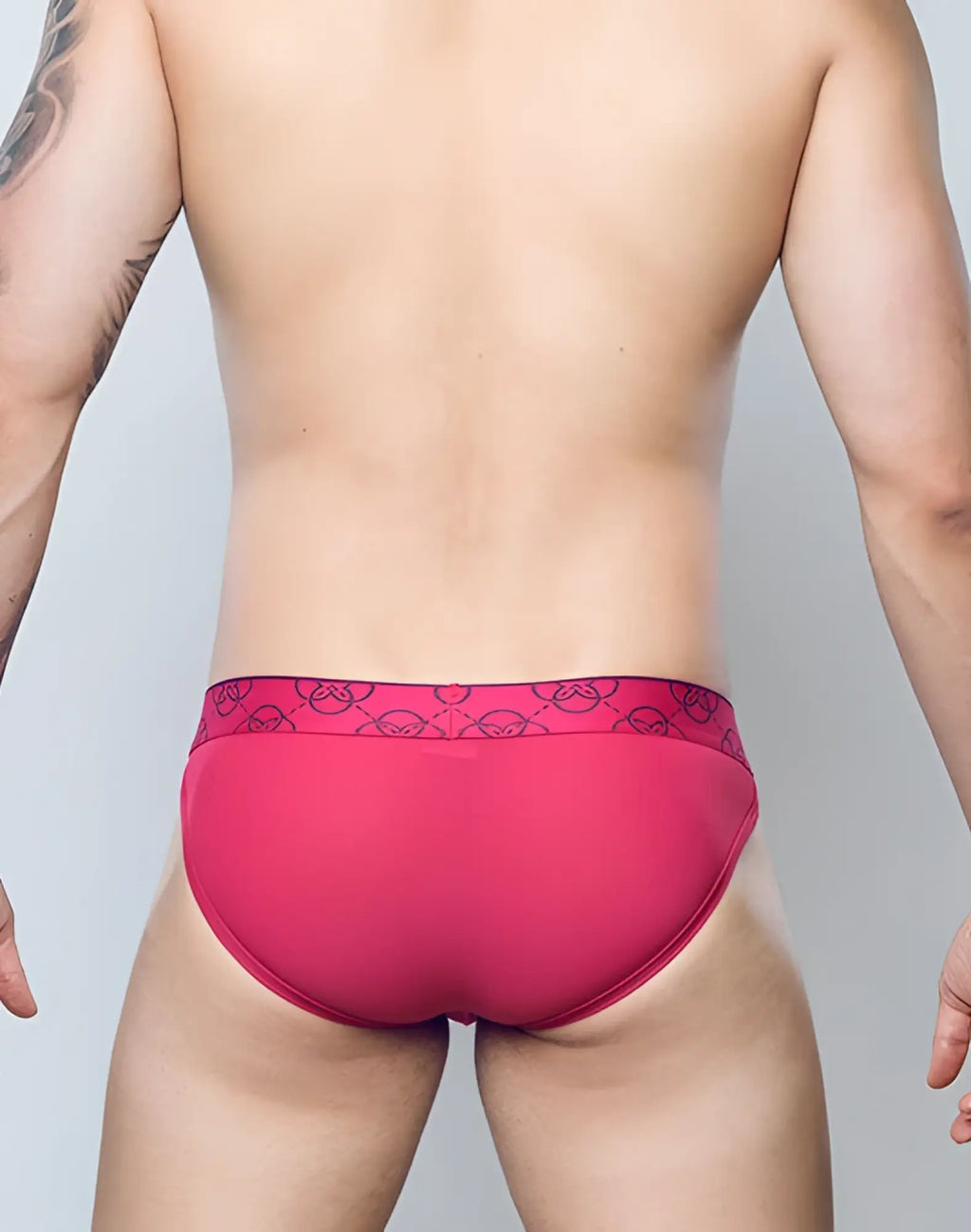 2eros himeros underwear brief raspberry in bright pink ribbed fabric with a decorative black patterned waistband