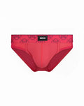 Bright pink 2EROS Himeros athletic briefs with black circular logo waistband and small 2elos brand tag