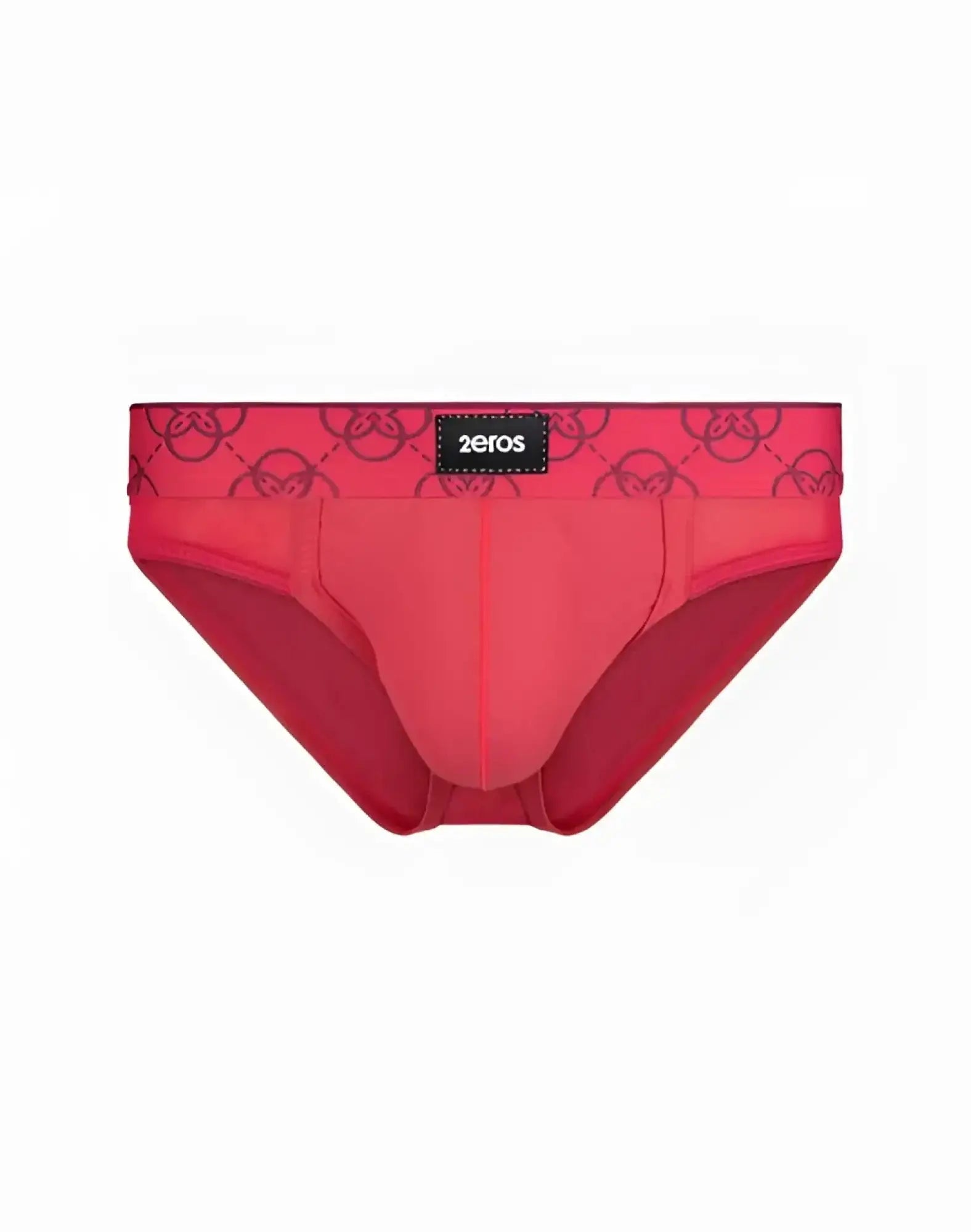 Bright pink 2EROS Himeros athletic briefs with black circular logo waistband and small 2elos brand tag