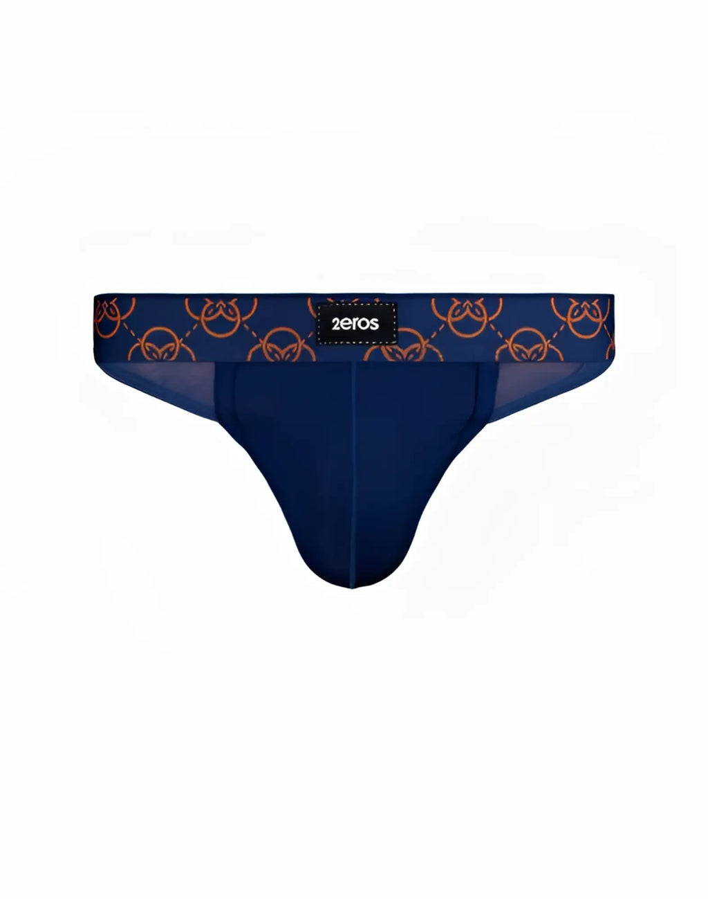 Navy blue 2eros himeros underwear thong with orange interlocking circle pattern on the waistband