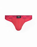 2eros himeros underwear thong in raspberry red mesh with black circular logo waistband and small zeros brand label