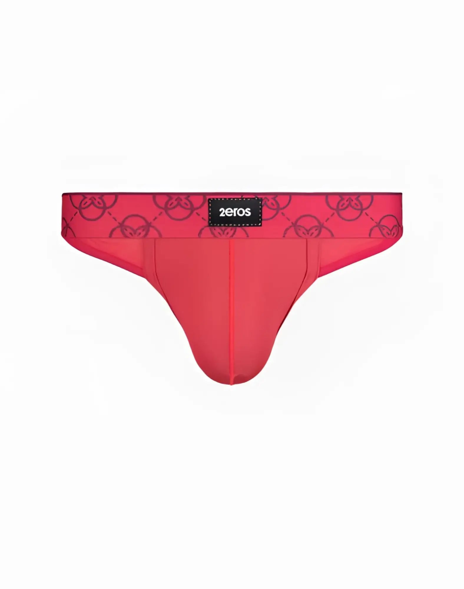 2eros himeros underwear thong in raspberry red mesh with black circular logo waistband and small zeros brand label