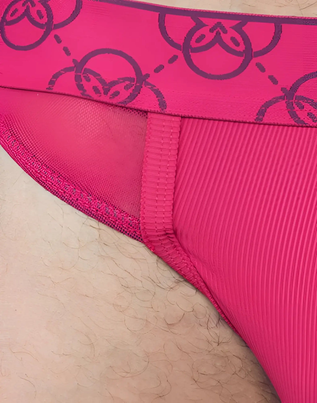 Fuchsia pink 2eros himeros underwear thong with textured fabric and dark purple repeating logo waistband in raspberry