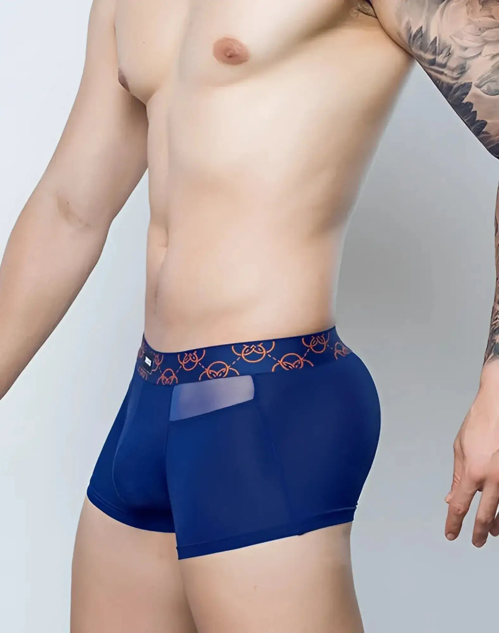 2eros himeros navy blue men’s boxer briefs with orange patterned waistband and sheer mesh side panel