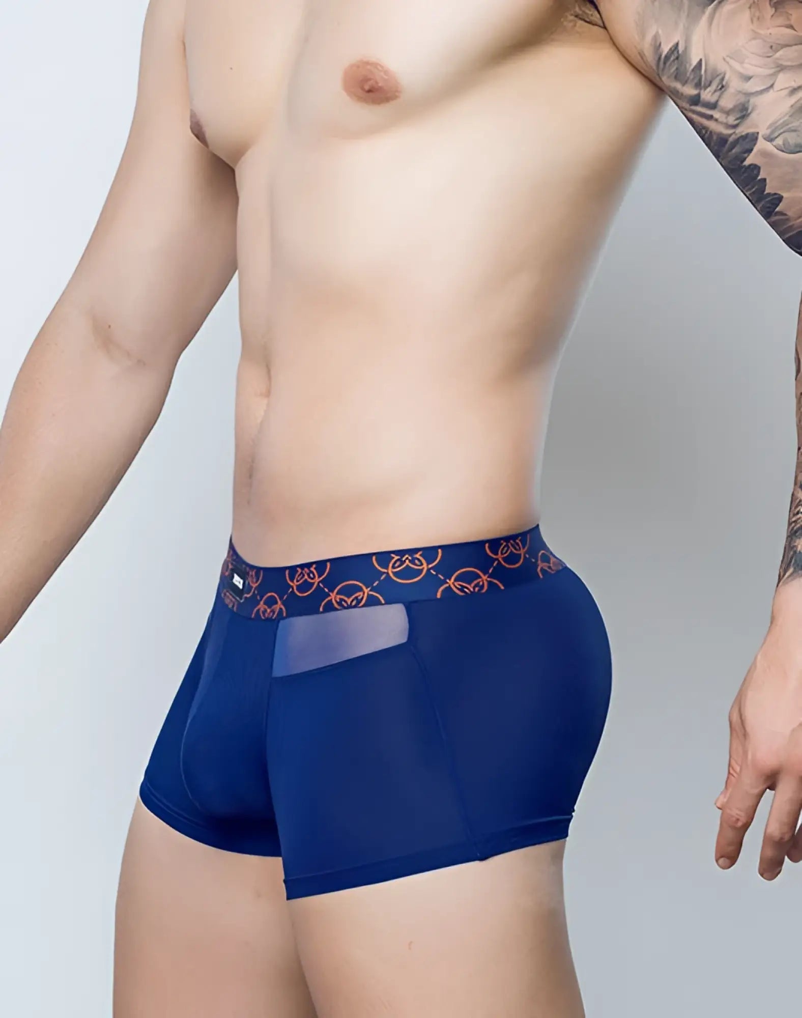 2eros himeros navy blue men’s boxer briefs with orange patterned waistband and sheer mesh side panel