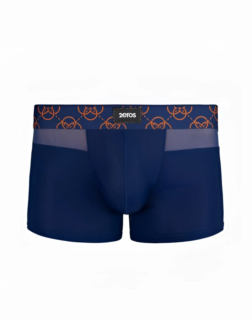 Navy blue 2eros himeros men’s briefs with orange interlocking circle patterned waistband and zetos brand label