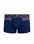 Navy blue 2eros himeros men’s briefs with orange interlocking circle patterned waistband and zetos brand label