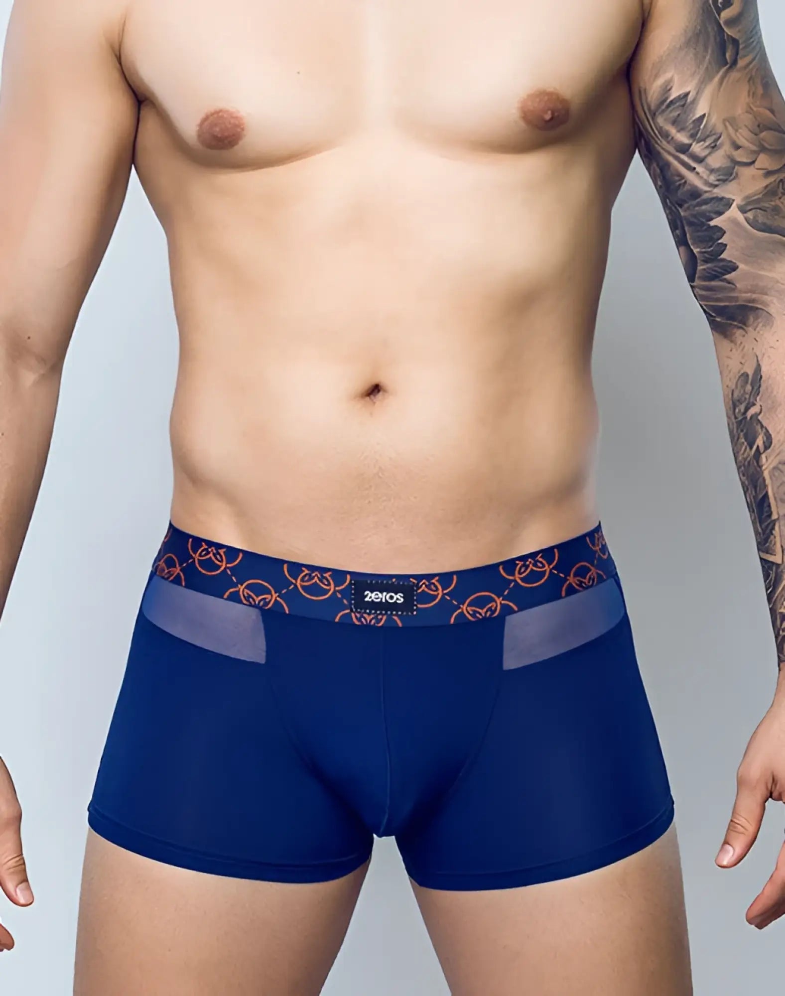 Navy blue 2EROS Himeros underwear trunk boxer briefs with orange patterned waistband and sheer mesh panels