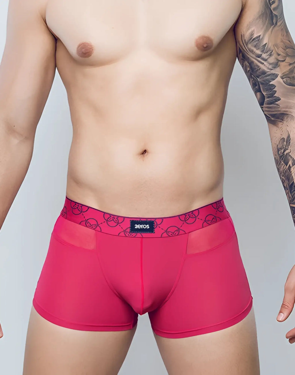 Bright pink 2eros himeros underwear trunk with patterned waistband featuring the brand logo in raspberry color