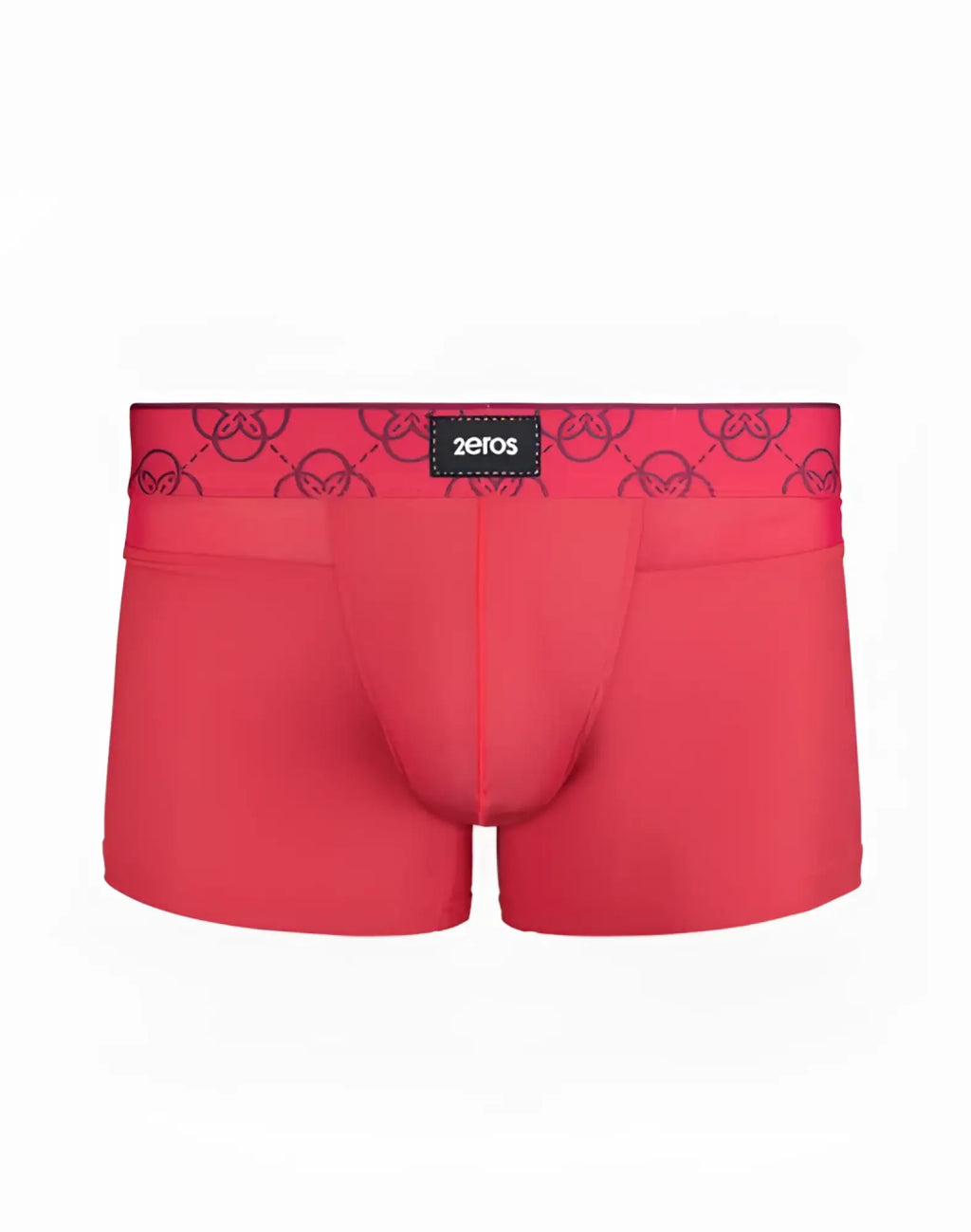 Bright red 2eros himeros underwear trunk with patterned waistband featuring zeros brand logo in raspberry color