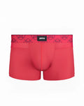 Bright red 2eros himeros underwear trunk with patterned waistband featuring zeros brand logo in raspberry color