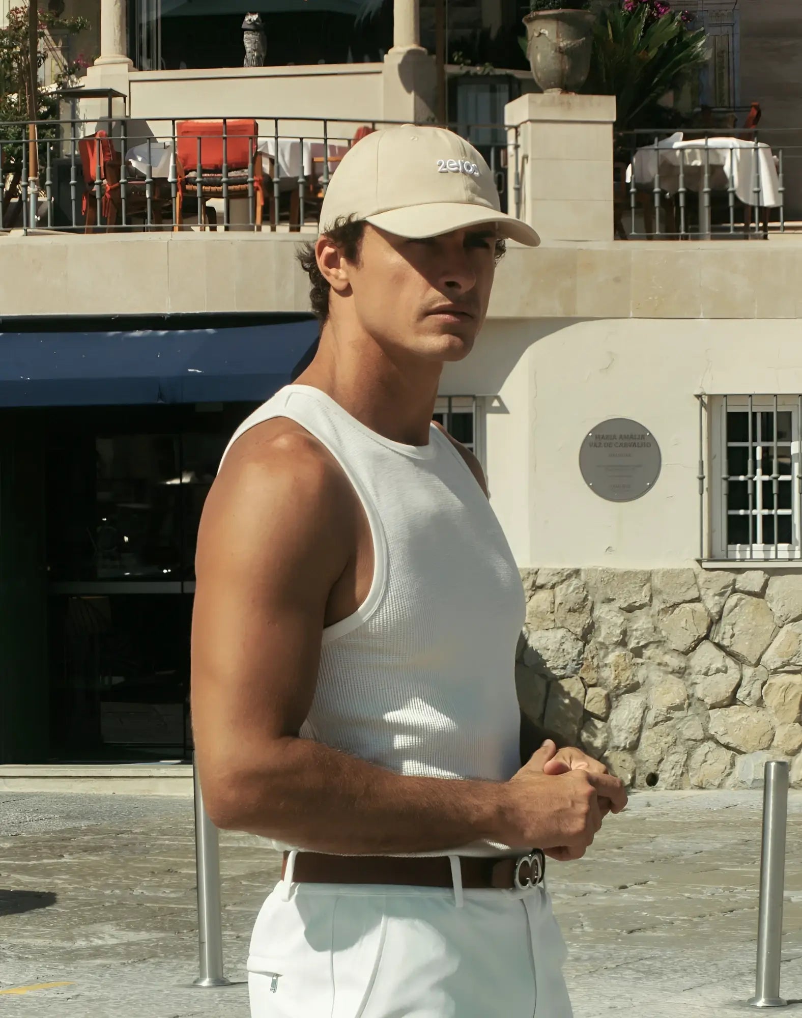 Beige 2eros icon cap with zero embroidered in black on front made from breathable fabric for casual wear