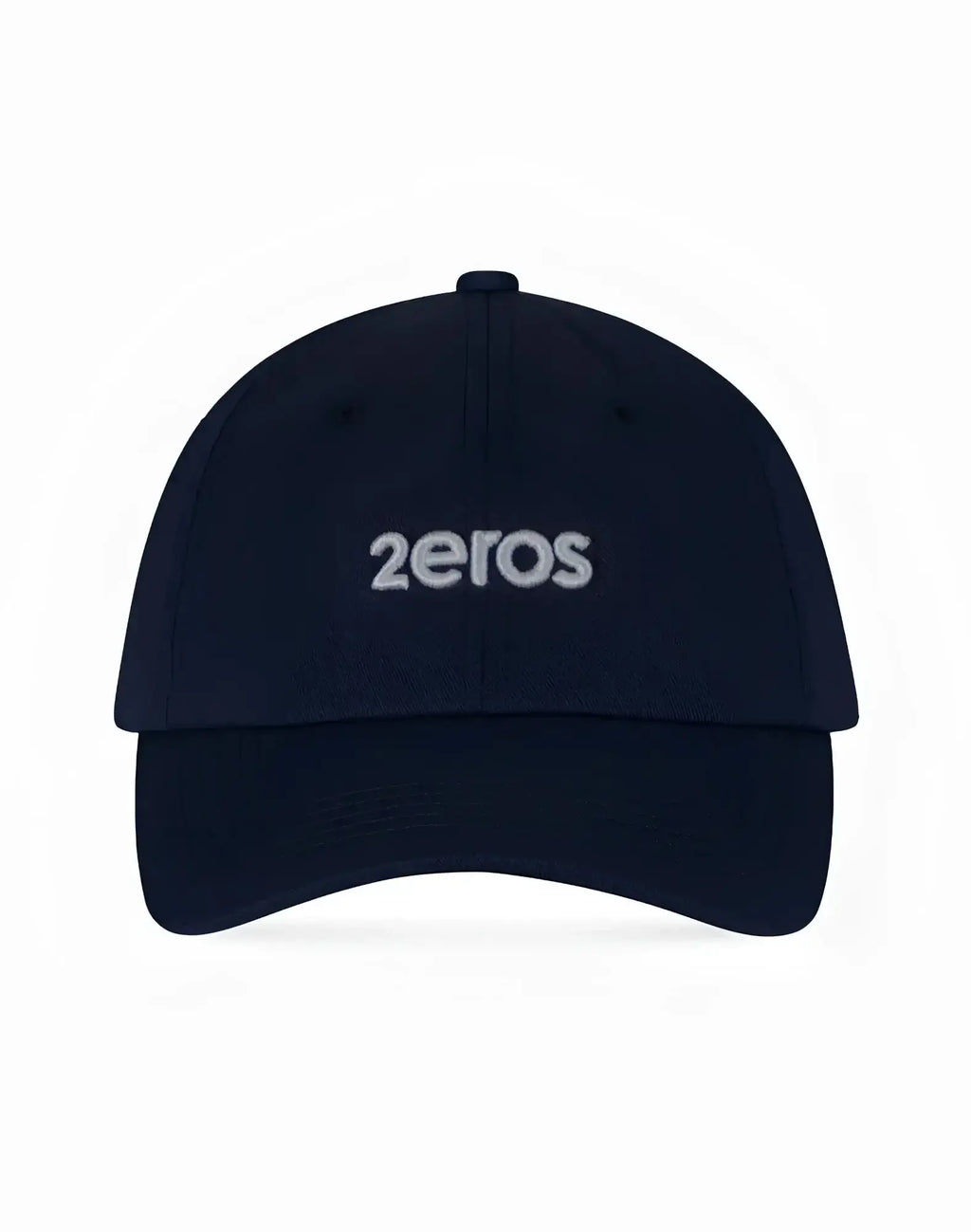 Navy blue baseball cap with white embroidered 2eros logo in premium fabric ideal for casual wear