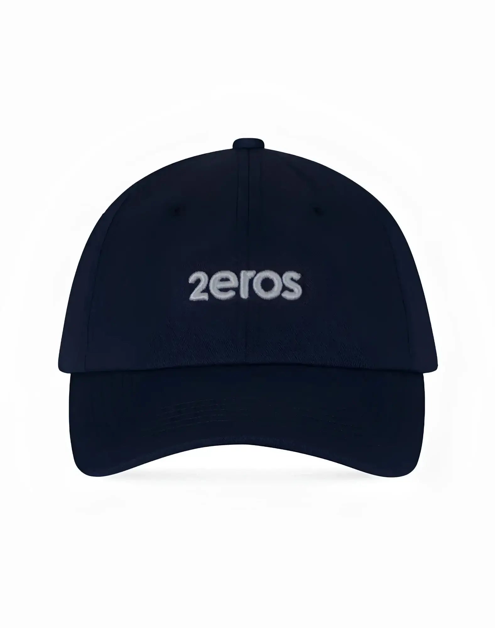 Navy blue baseball cap with white embroidered 2eros logo in premium fabric ideal for casual wear
