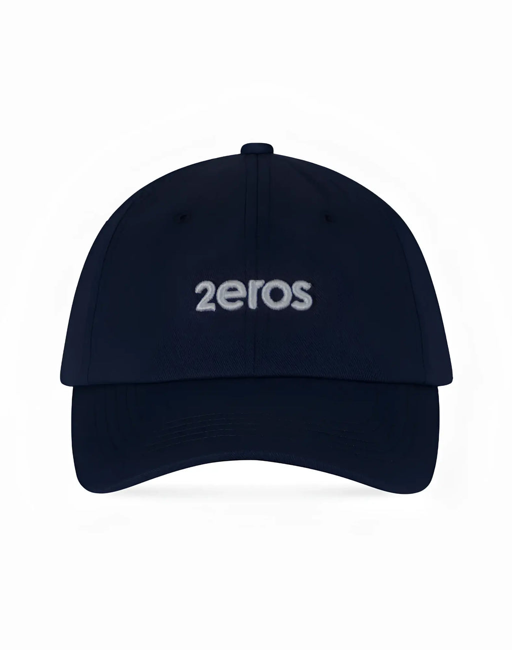 Navy blue baseball cap with white embroidered 2eros logo in premium fabric ideal for casual wear
