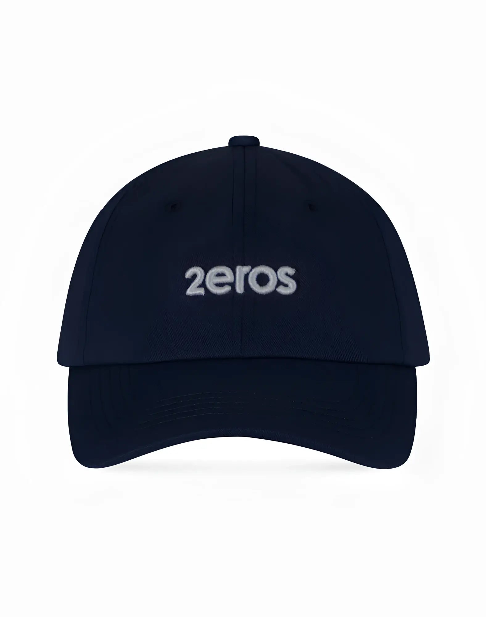 Navy blue baseball cap with white embroidered 2eros logo in premium fabric ideal for casual wear