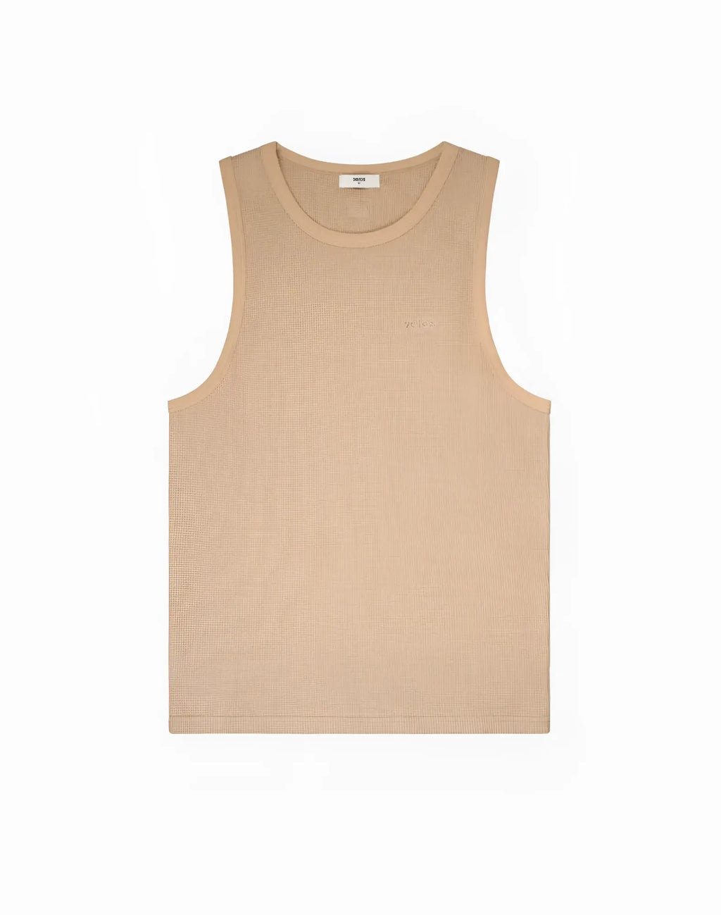 Beige ribbed knit sleeveless singlet with small embroidered logo on the chest from 2EROS Icon collection