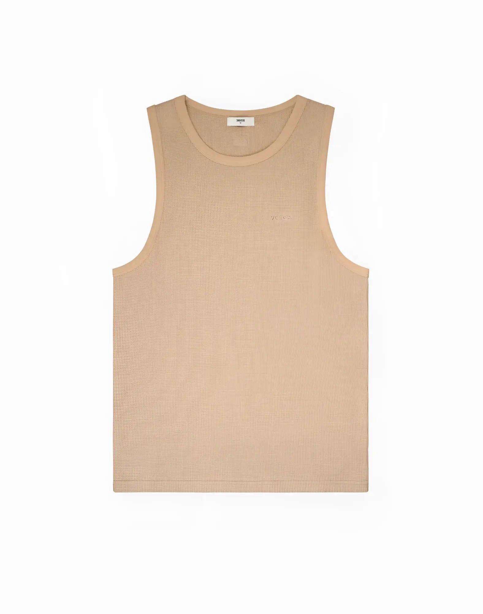 Beige ribbed knit sleeveless singlet with small embroidered logo on the chest from 2EROS Icon collection