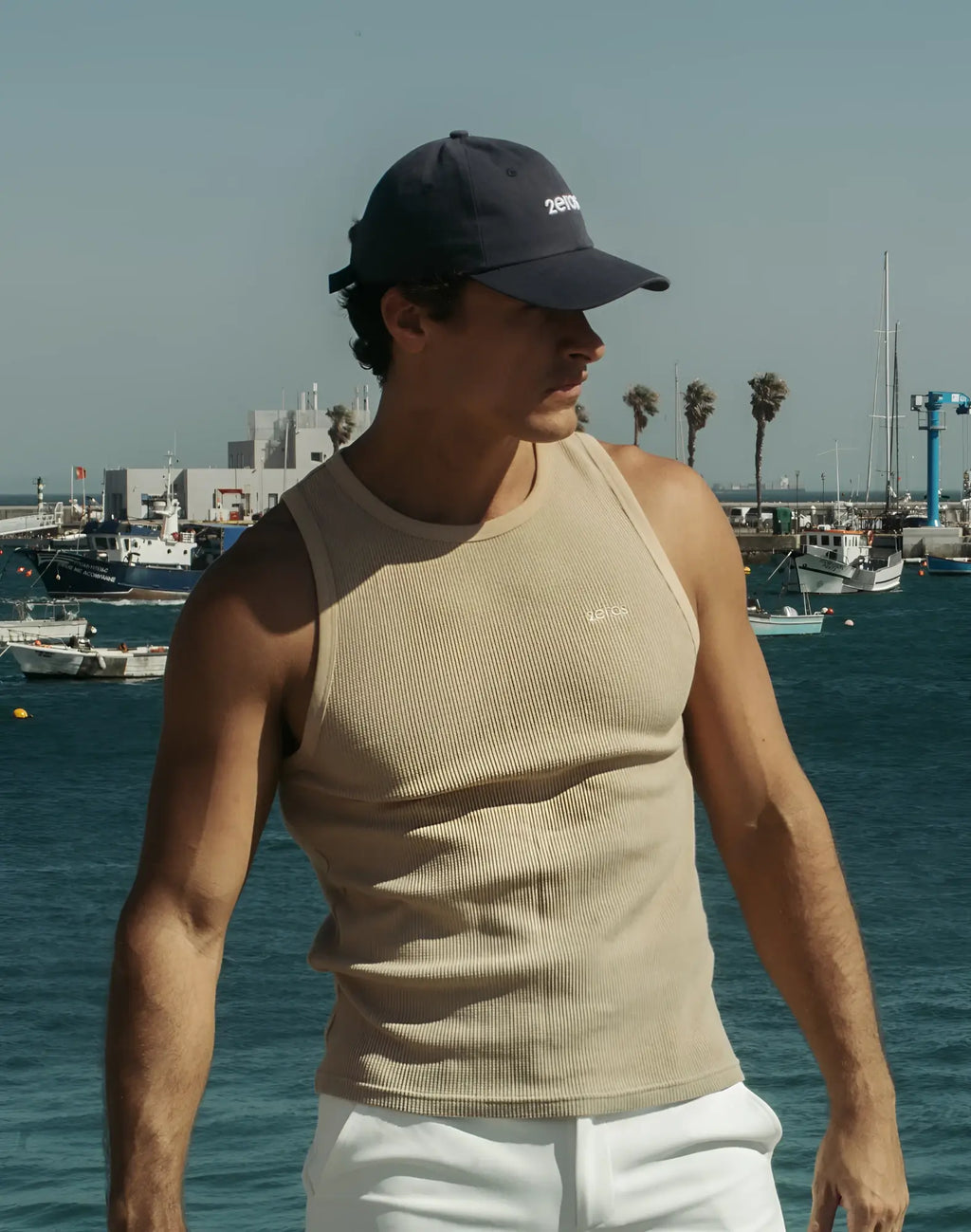 Beige ribbed tank top 2eros icon singlet with small embroidered logo on the chest made from soft fabric