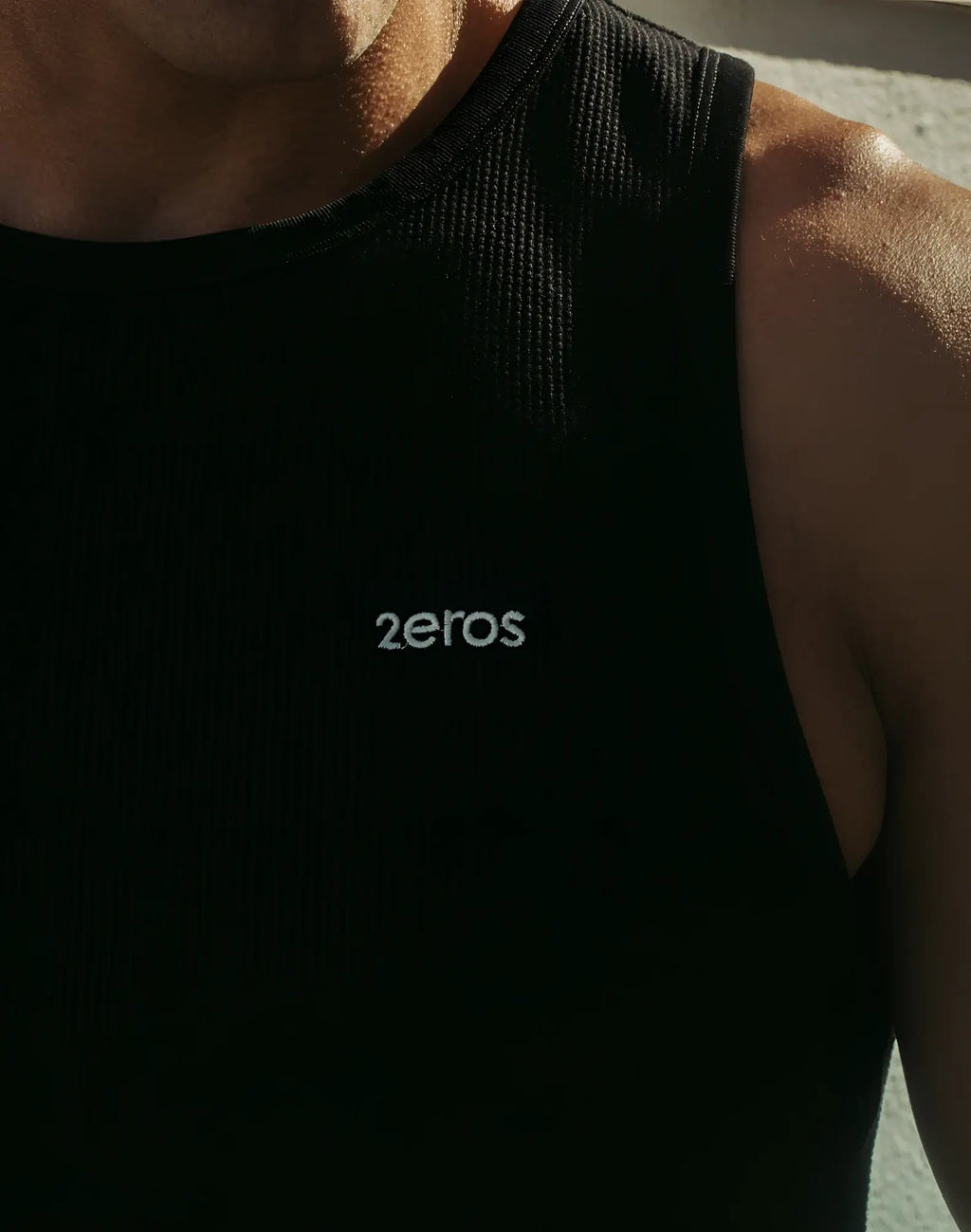 Black ribbed tank top with 2eros embroidered in white on the chest from the 2EROS Icon Singlet collection