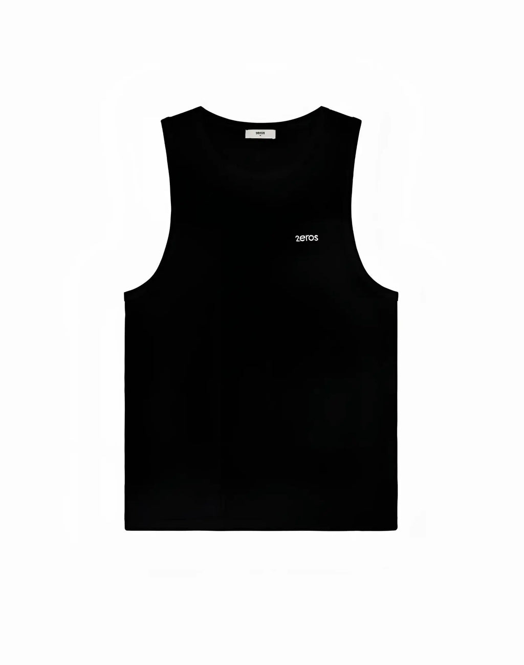 Black 2EROS Icon sleeveless tank top with white zeros logo embroidered on left chest for casual wear