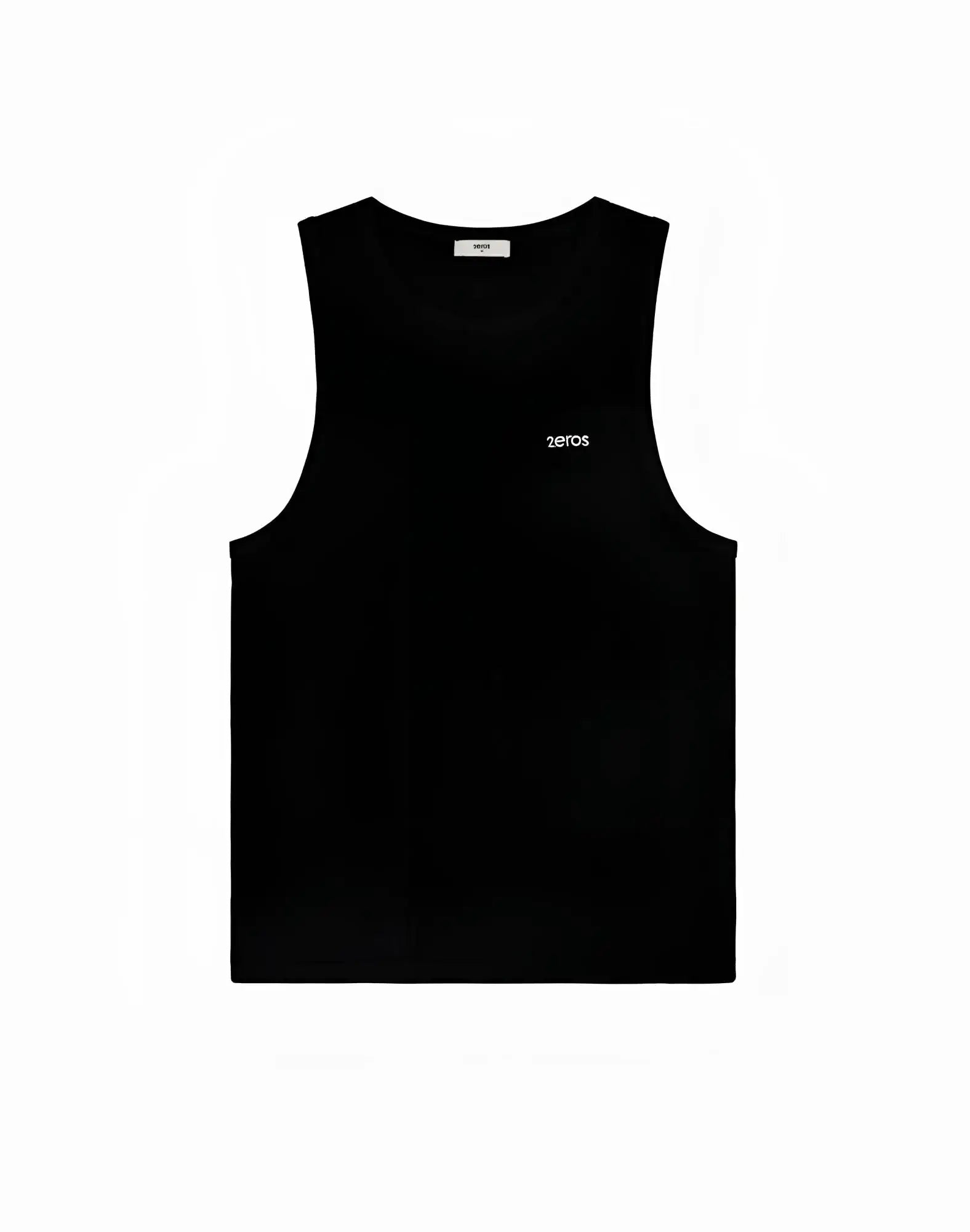 Black 2EROS Icon sleeveless tank top with white zeros logo embroidered on left chest for casual wear