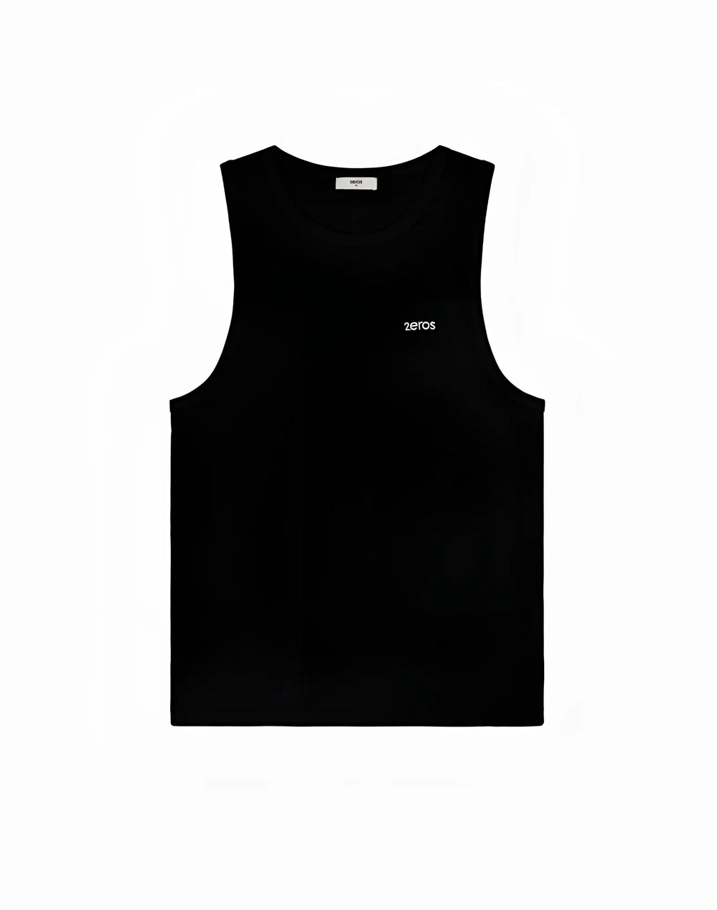 Black 2EROS Icon sleeveless tank top with white zeros logo embroidered on left chest for casual wear