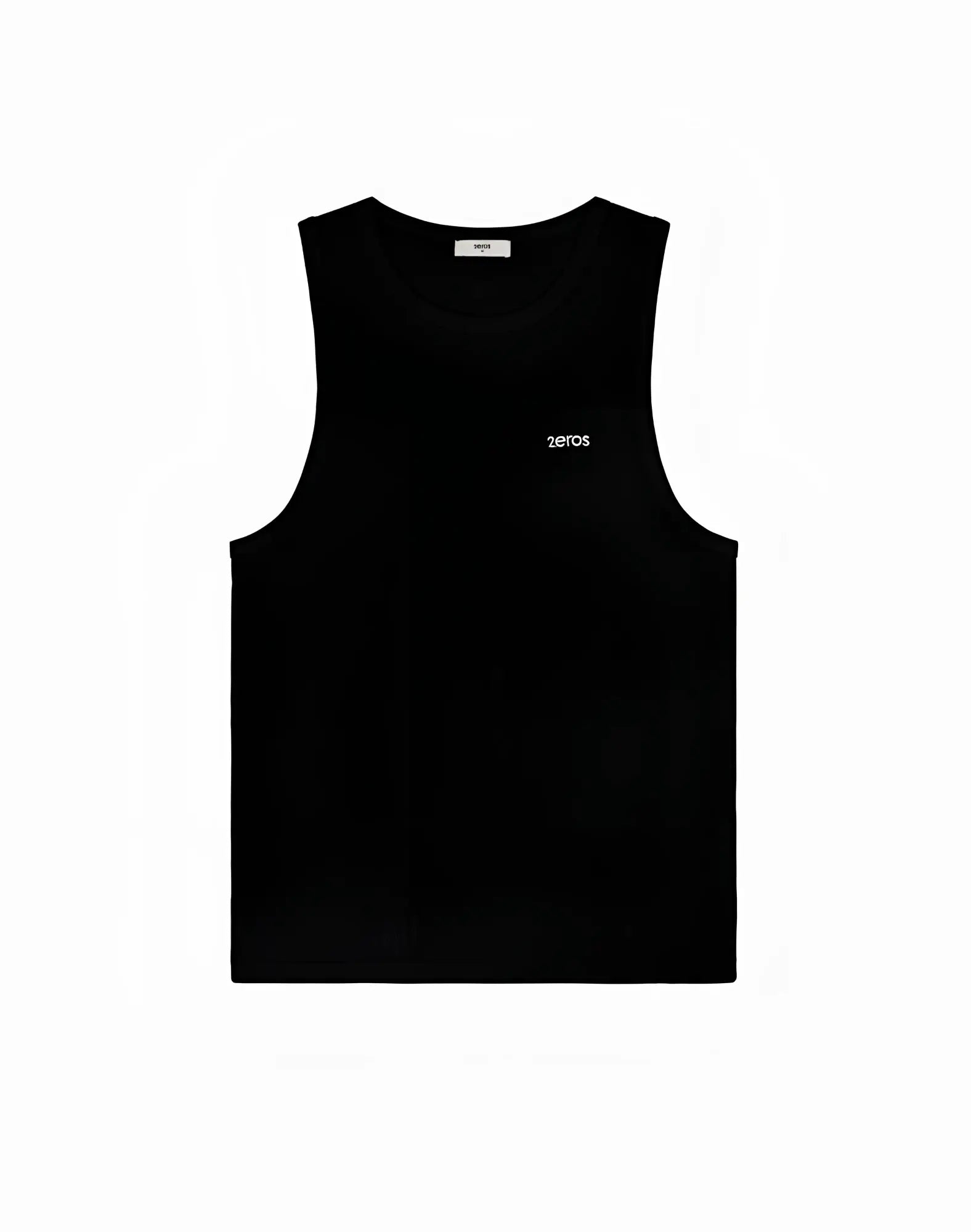 Black 2EROS Icon sleeveless tank top with white zeros logo embroidered on left chest for casual wear
