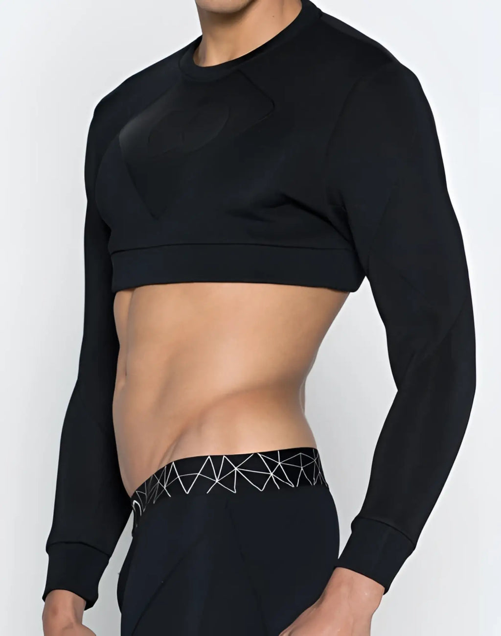 2EROS J50 BLK AKTIV black long-sleeved crop top with subtle geometric pattern on chest and waistband