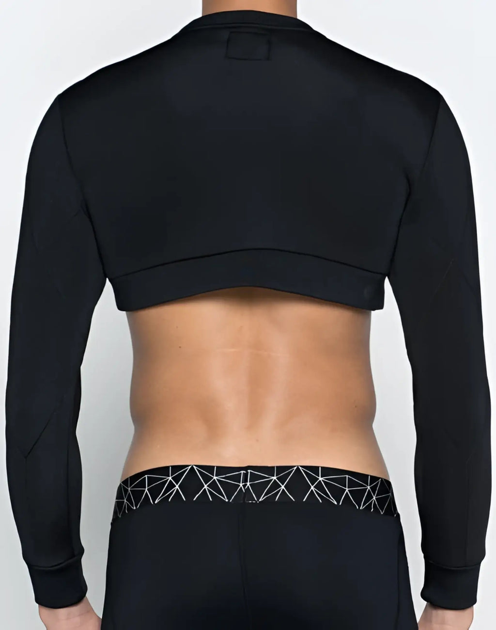 Black long-sleeved cropped athletic top with geometric patterned waistband from 2EROS J50 BLK AKTIV short sweater collection
