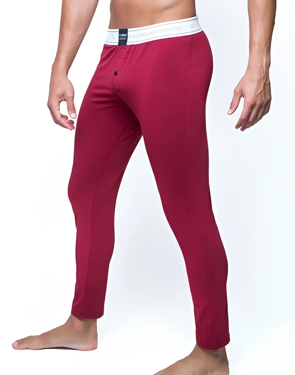 Red men’s fitted boxer briefs with white elastic waistband featuring black text and logo from 2EROS LP10 core lounge pants cabernet