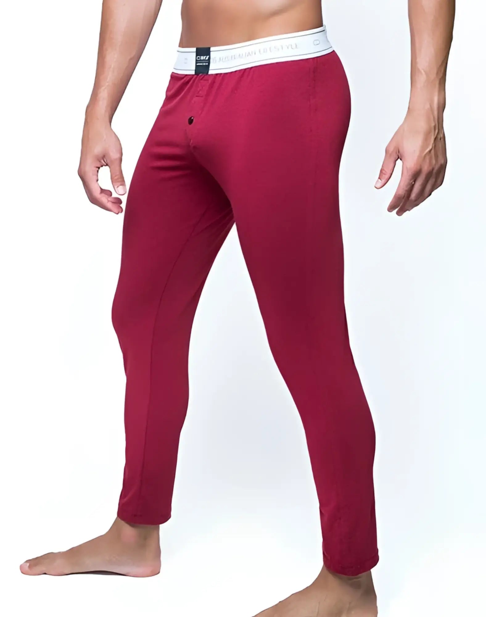 Red men’s fitted boxer briefs with white elastic waistband featuring black text and logo from 2EROS LP10 core lounge pants cabernet