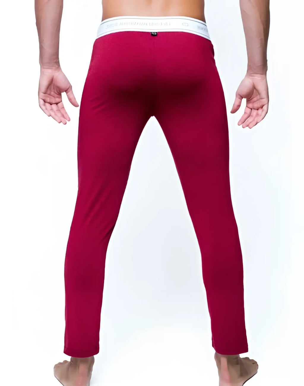 Red men’s fitted tights in cabernet with a white waistband featuring the 2eros brand name for lounge wear