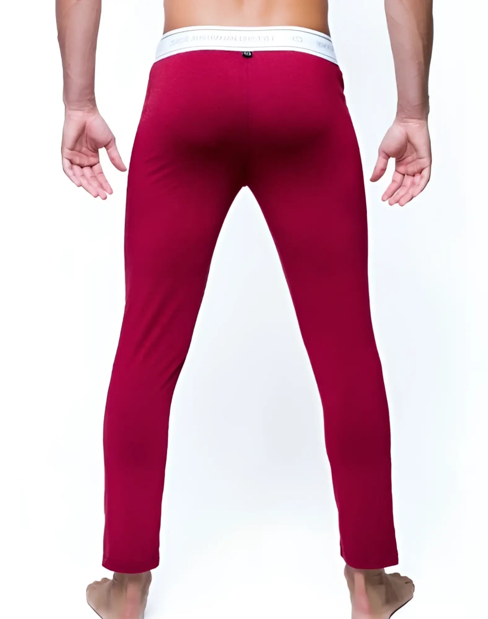 Red men’s fitted tights in cabernet with a white waistband featuring the 2eros brand name for lounge wear