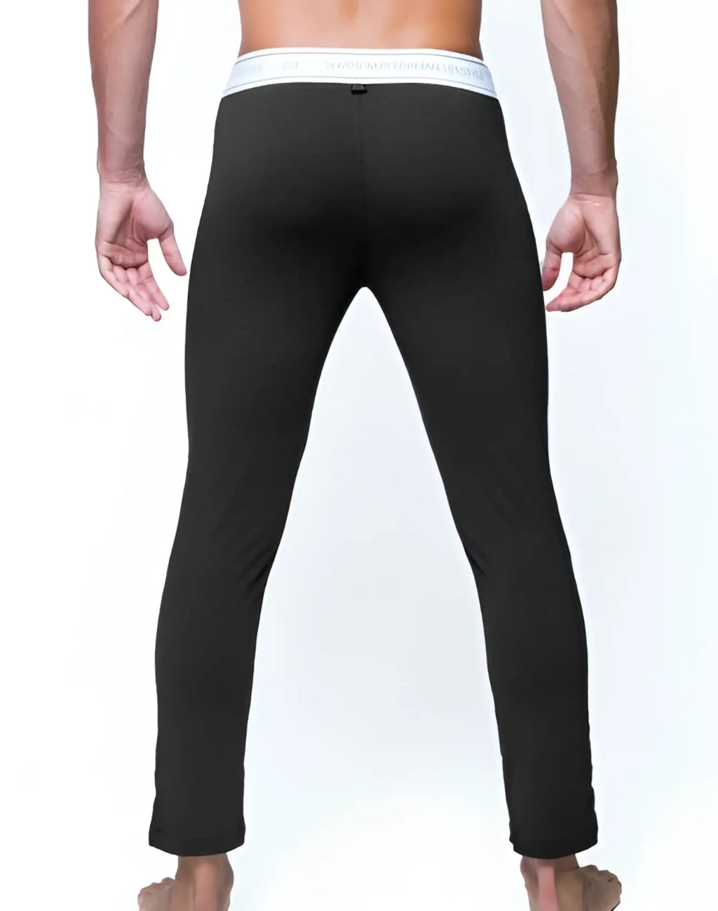 Black calvin klein men’s fitted tights with white logo waistband shown from the back in 2EROS lp10 charcoal lounge pants