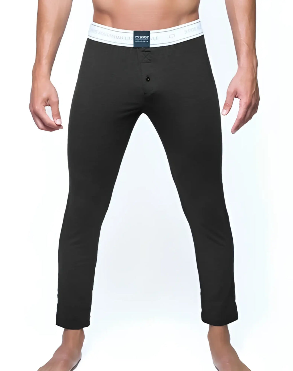 Black men’s fitted charcoal lounge pants with white elastic waistband featuring 2EROS brand name and logo