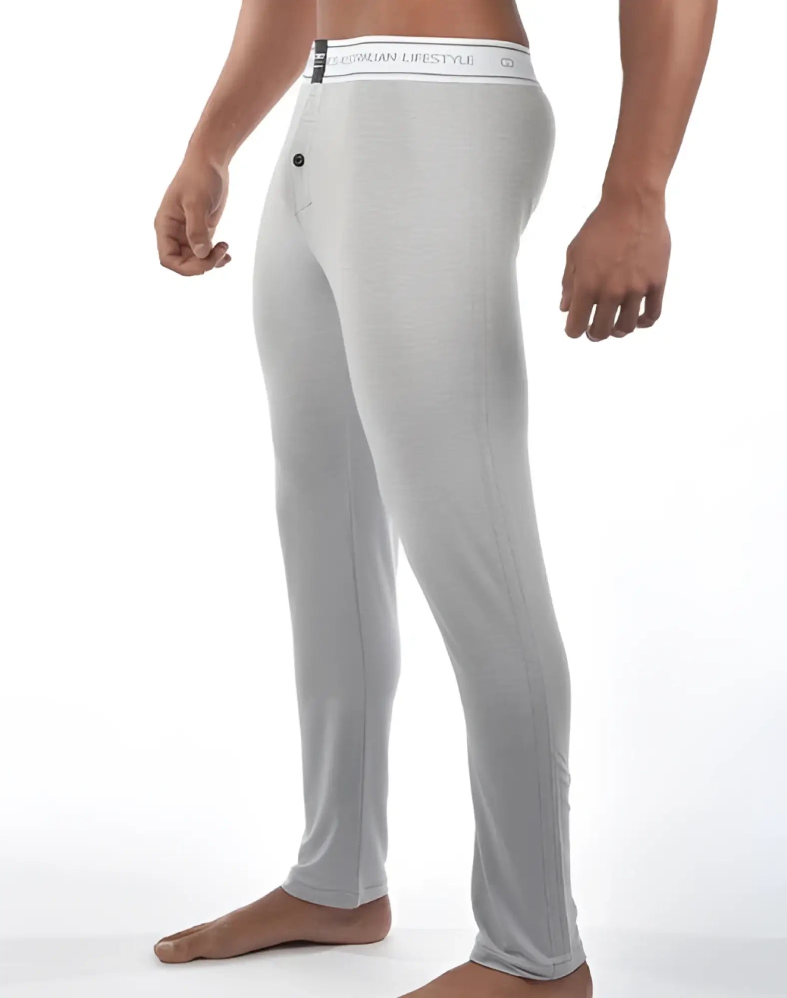 Light gray form-fitting men’s lounge pants with white australian lifestyle waistband 2eros lp10 core ivory