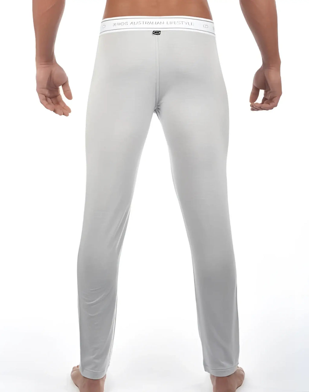 Light gray form-fitting men’s underwear with white waistband and aus australian lifestyle branding 2eros lp10 core lounge pants ivory