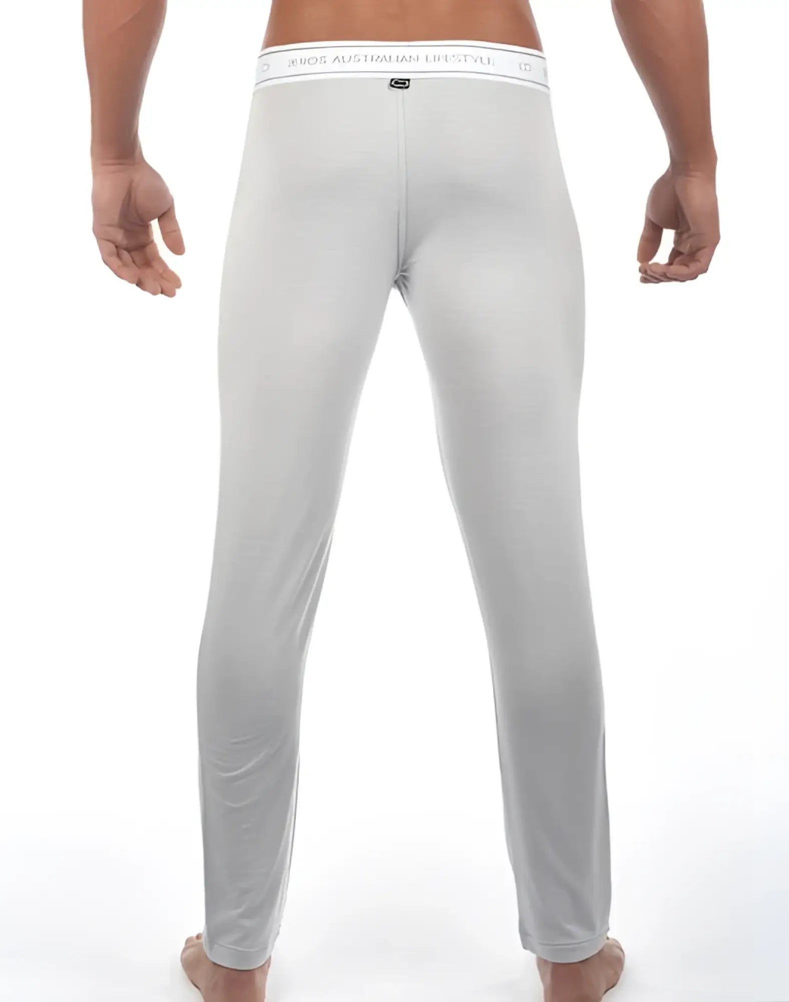 Light gray form-fitting men’s underwear with white waistband and aus australian lifestyle branding 2eros lp10 core lounge pants ivory