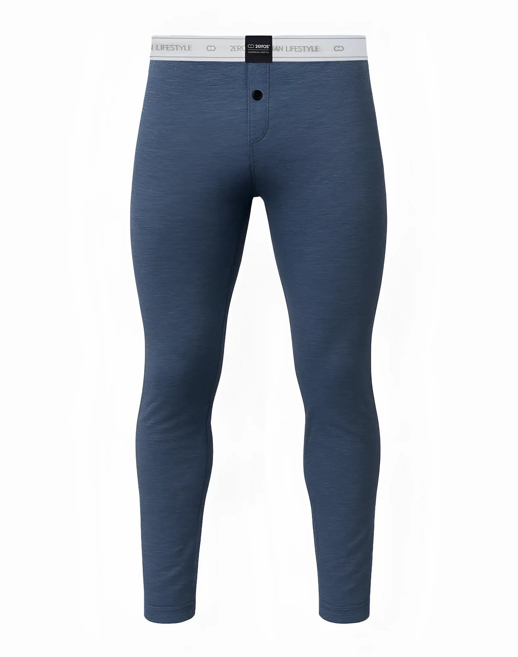 Blue heathered 2eros lp10 core lounge pants with white zerog lifestyle waistband and black front button