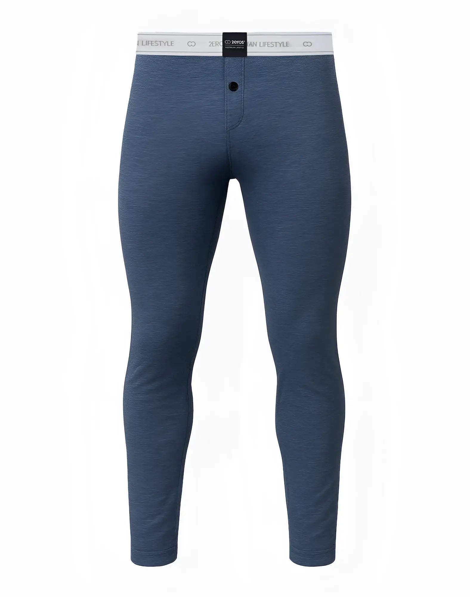 Blue heathered 2eros lp10 core lounge pants with white zerog lifestyle waistband and black front button
