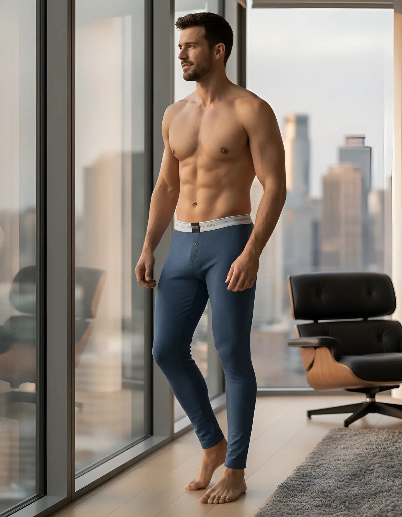 Blue heathered 2eros lp10 core lounge pants with white zerog lifestyle waistband and black front button