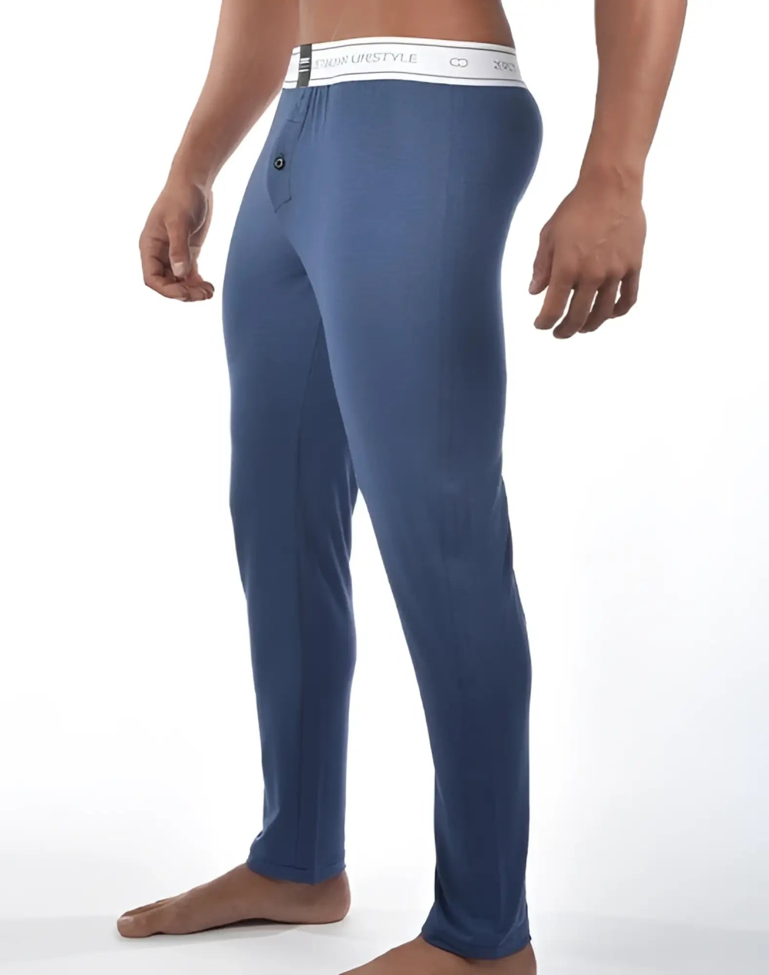 Blue men’s lounge pants with white lifestyle waistband navy marle cotton 2EROS LP10 core lounge pants