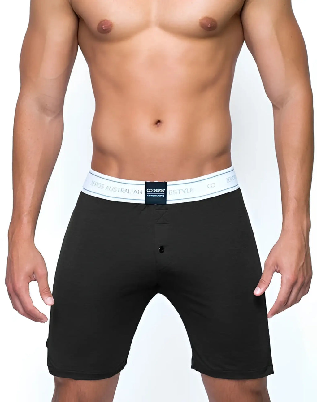 Black men’s boxer shorts charcoal with white lifestyle waistband featuring brand name and logo 2EROS LS10 core lounge shorts